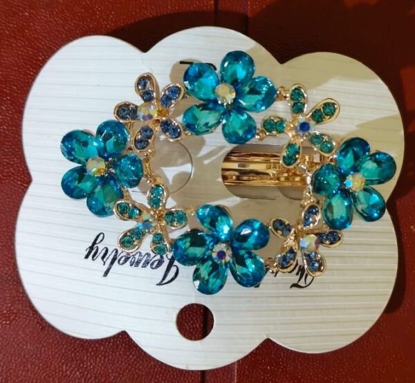 Teal Blue Floral crystal Hair Clip